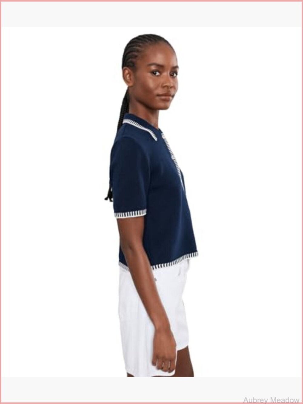 Short Sleeve Pointelle Contrast Stitch Cardigan - Picture 3 of 5